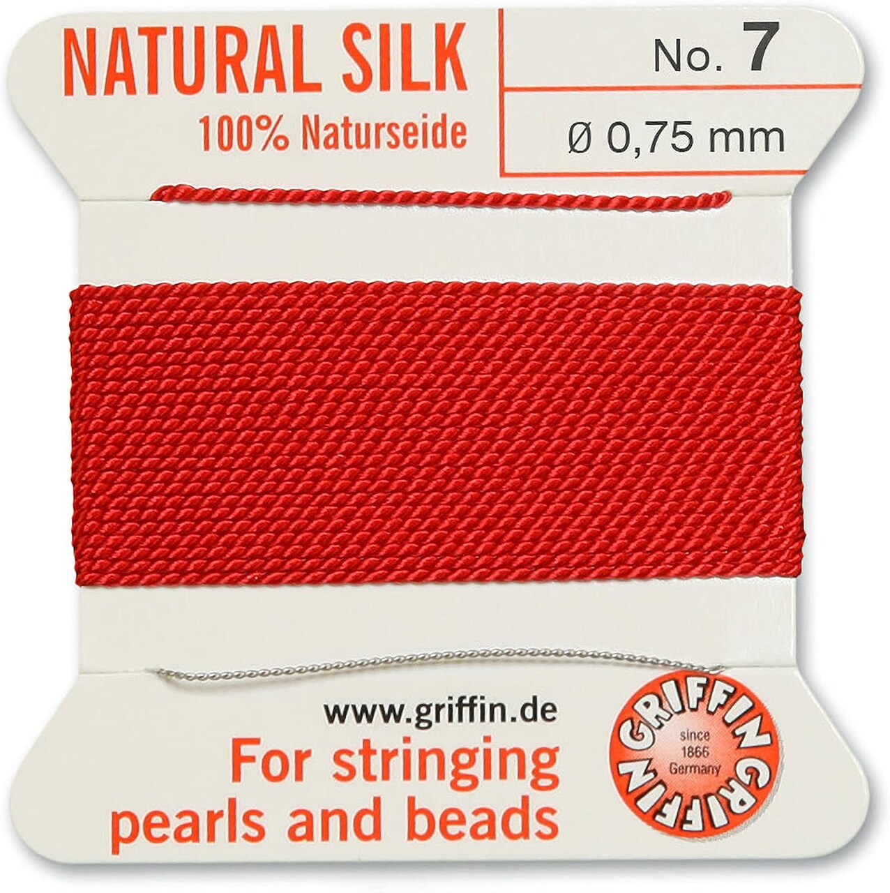 Griffin Silk Bead Cord Perlseide – Size 7 (0.75mm) – 2 Meters per Card – Stainless Steel Needle Attached – for Knotting Pearls, Gemstones, Crystals and Beads